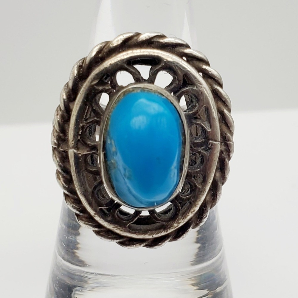 Vintage Sterling Silver Ring 925 Blue Southwestern Rope Boho Statement Size 6.75